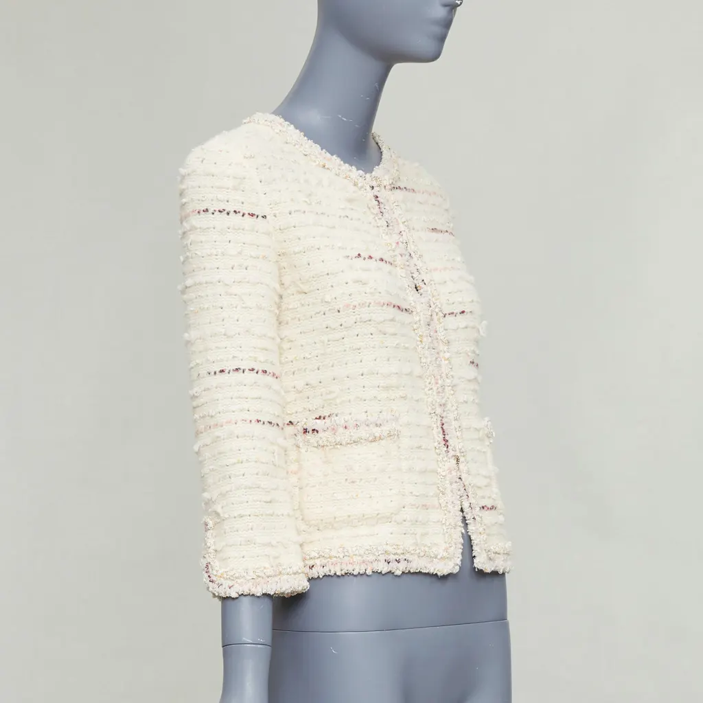 Chanel Boucle Tweed Cardigan Beige Wool Very good - Model View