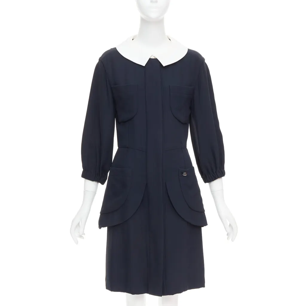 Chanel Collar Trompe Dress Black Silk Very good - Front View