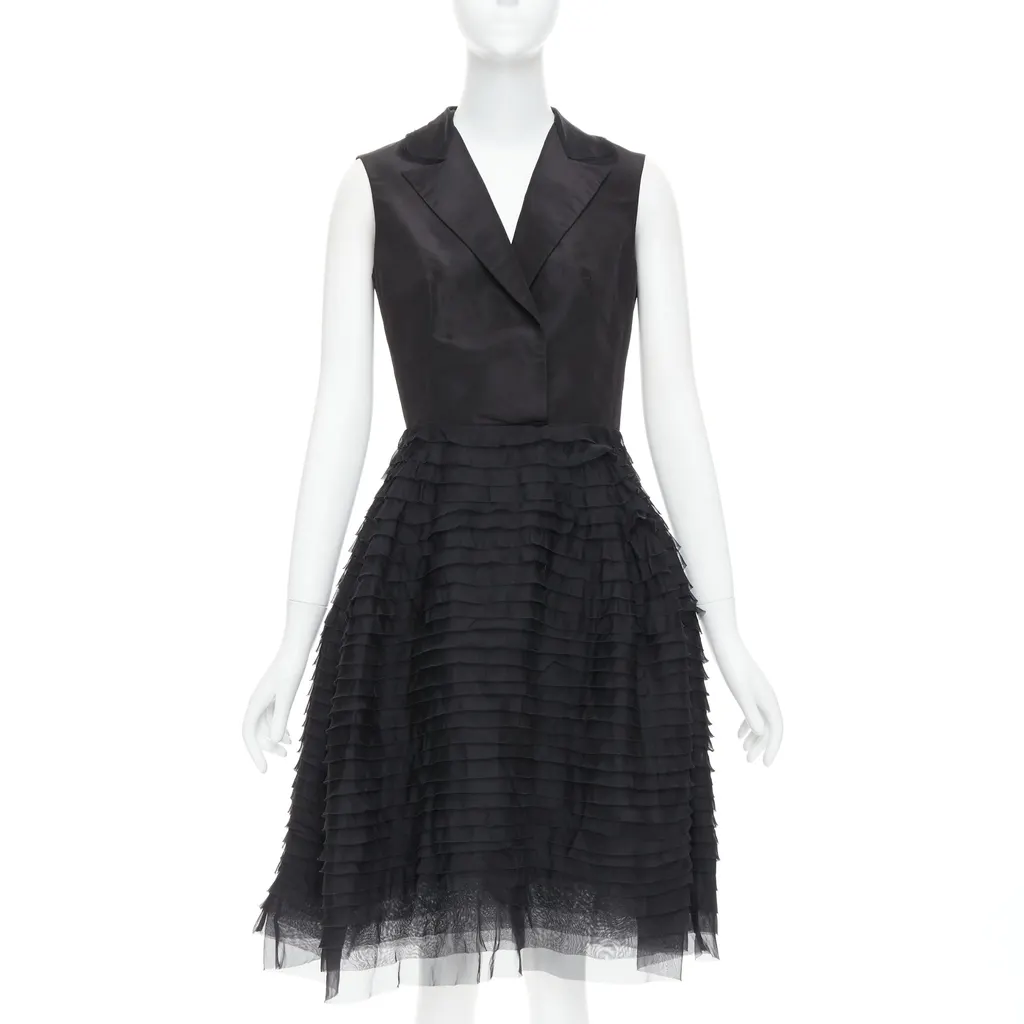 Oscar De La Renta Tiered Puff Dress Black Silk Good - Front View