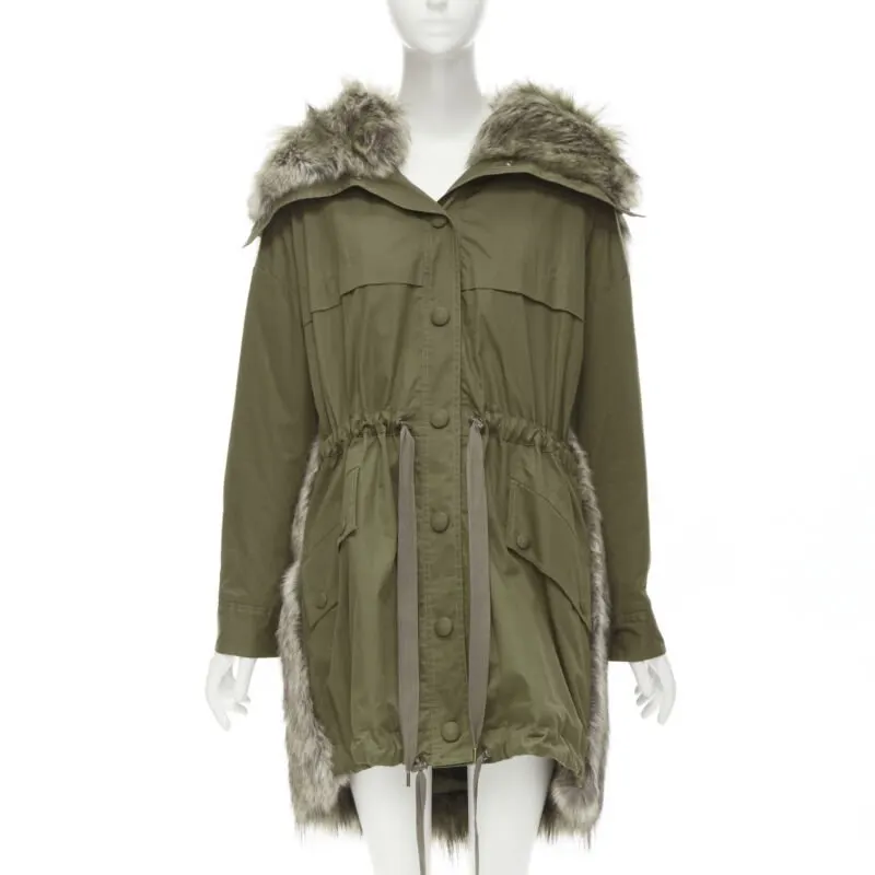 Stella McCartney Faux Fur Drawstring Parka Green Cotton Never worn - Front View