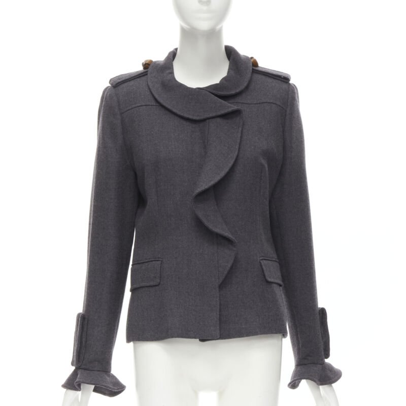 Valentino Garavani Grey Ruffle Military Jacket