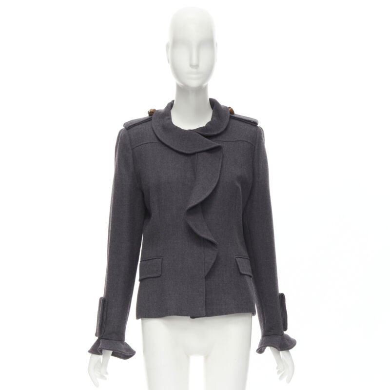 Valentino Garavani Grey Ruffle Military Jacket - Image 11