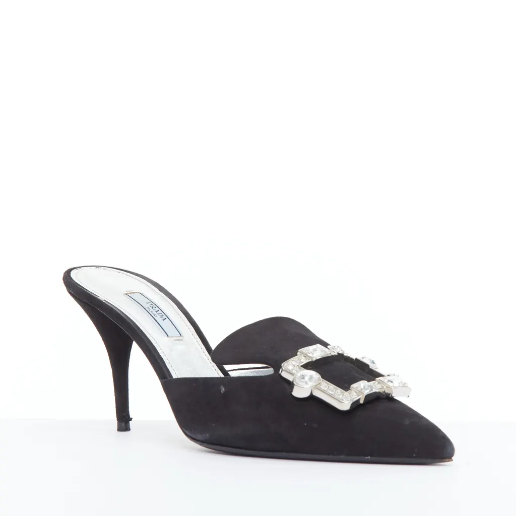 Prada Crystal Buckle Mules Black Suede Fair - Front View