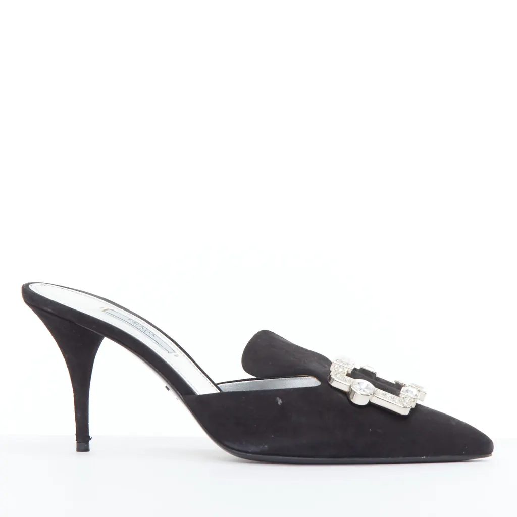 Prada Crystal Buckle Mules Black Suede Fair - Back View