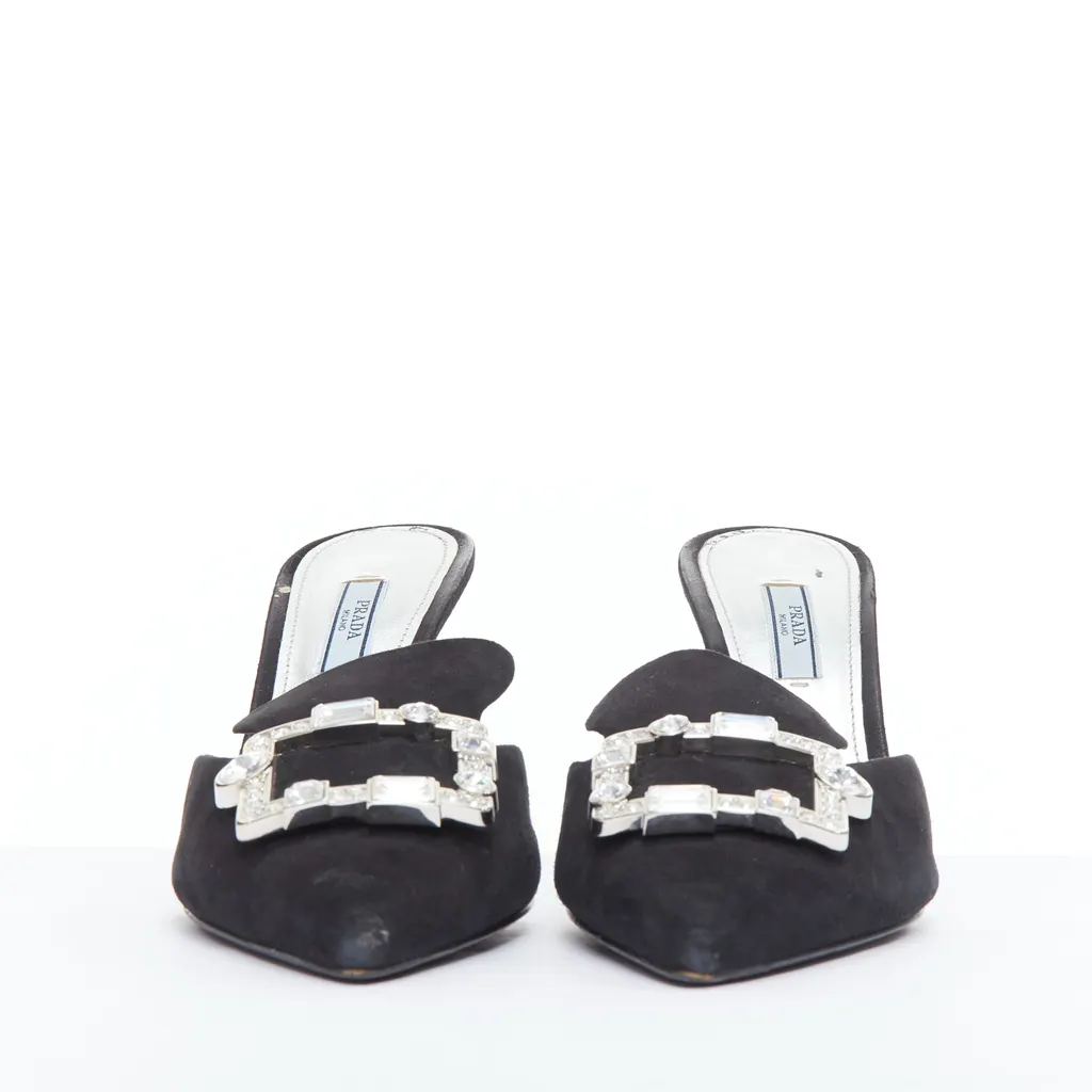Prada Crystal Buckle Mules Black Suede Fair - Inside View