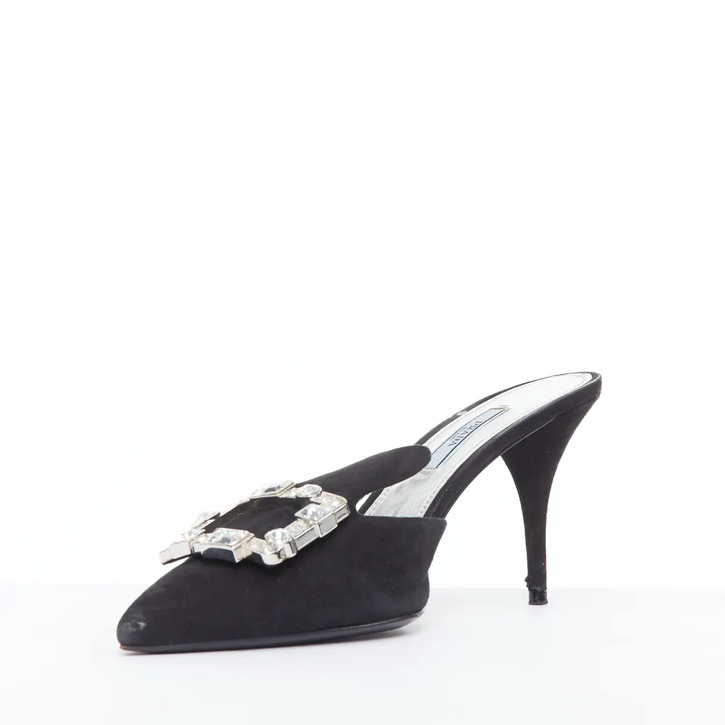Prada Crystal Buckle Mules Black Suede Fair - Model View