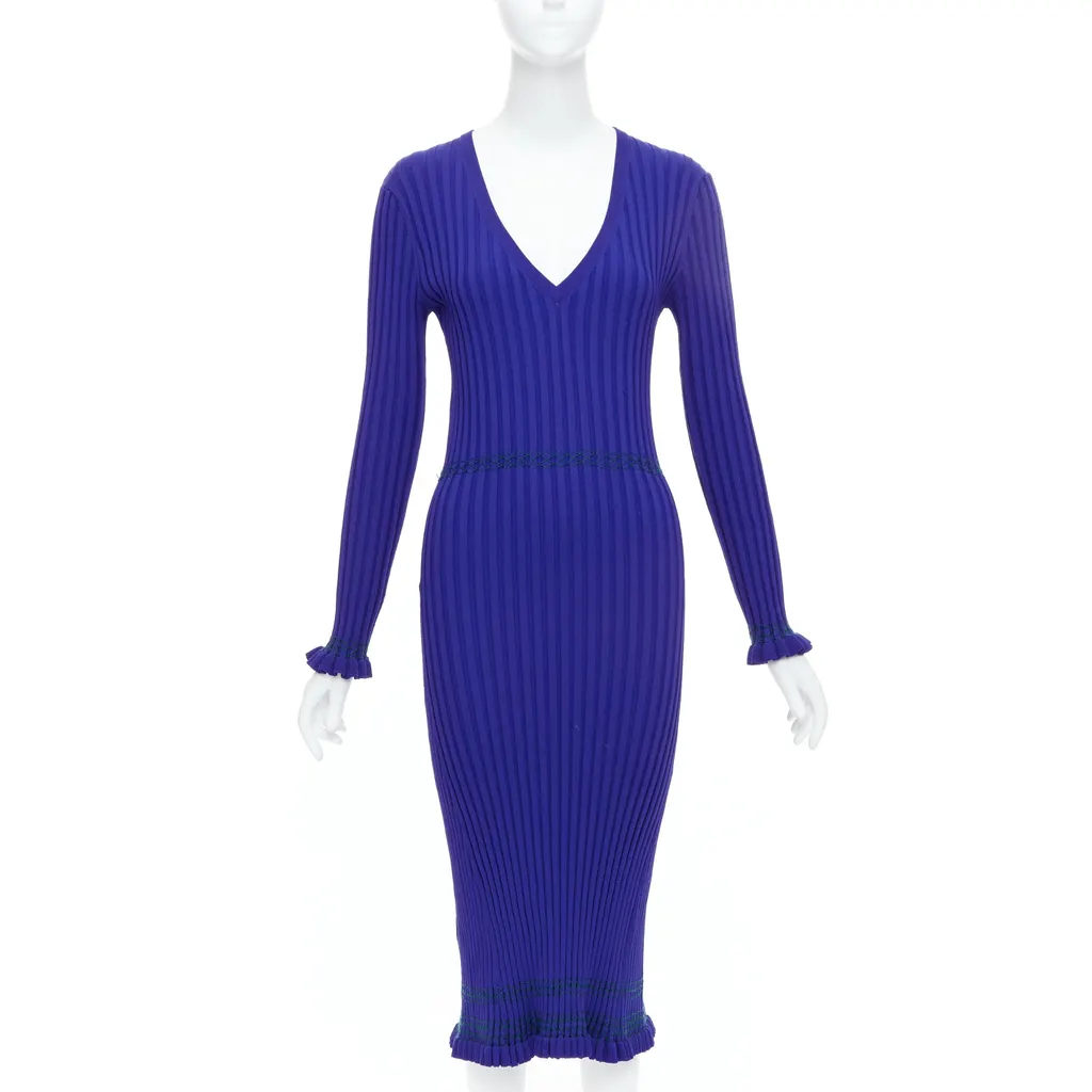 Altuzarra Ribbed Bodycon Dress Blue Viscose Good - Front View