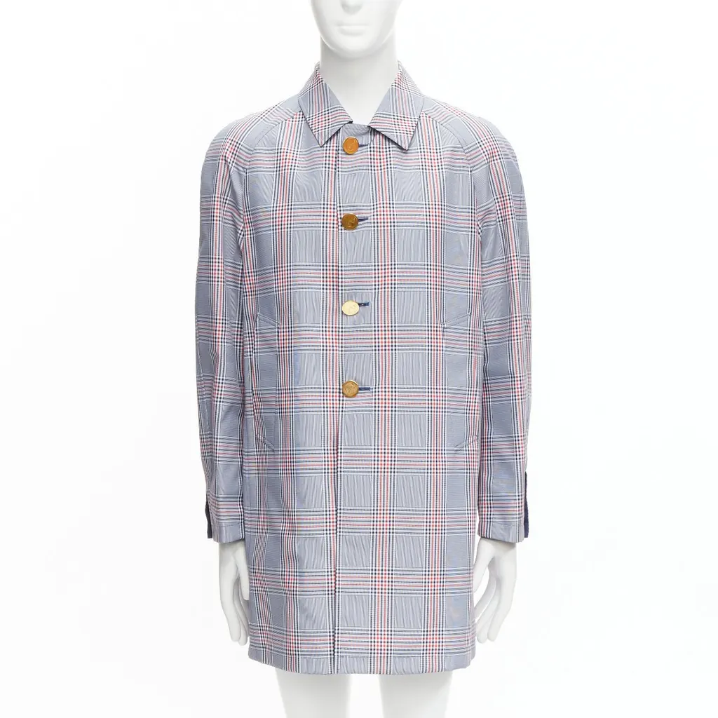 Thom Browne Grey Houndstooth Long Coat Navy Cotton Very good - Front View