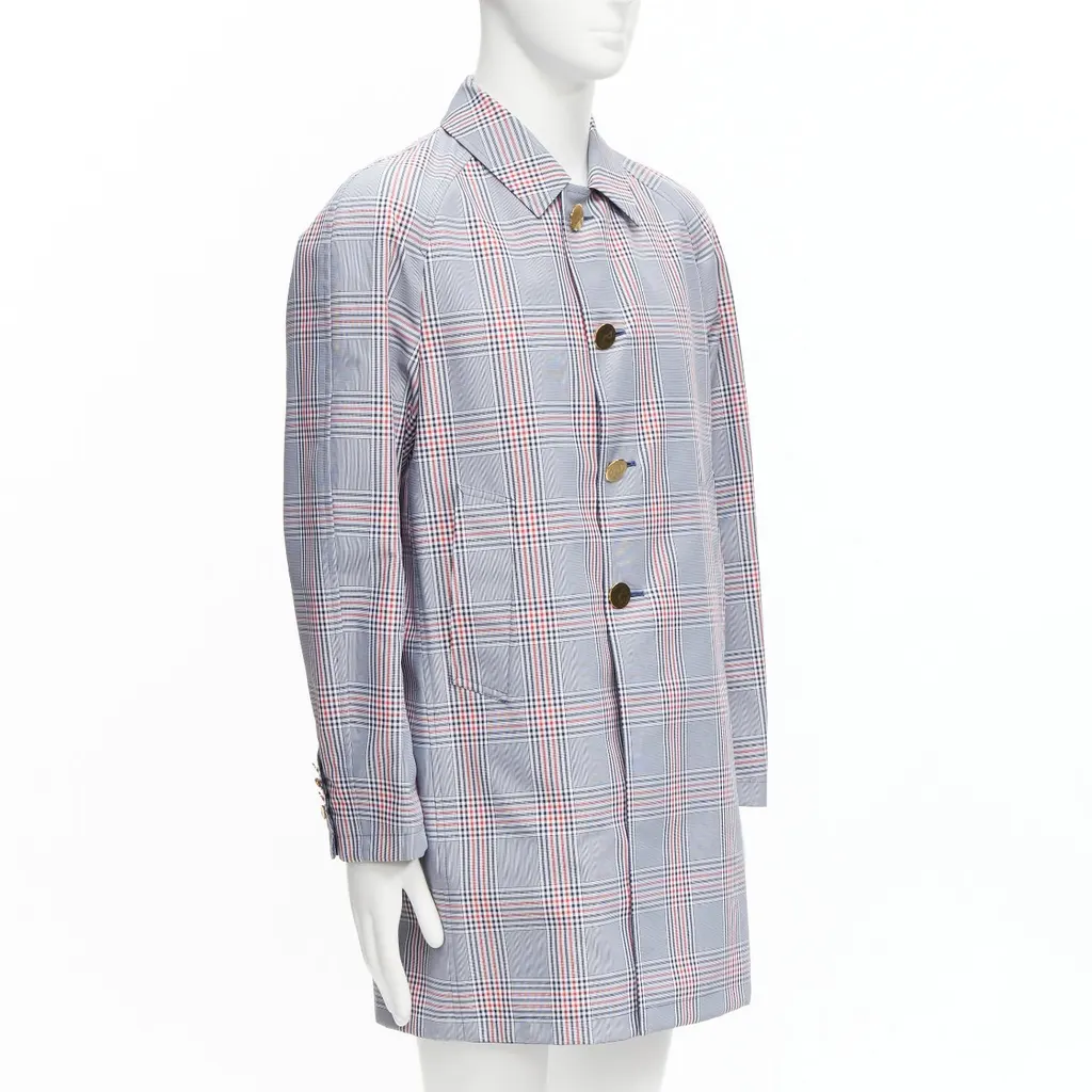 Thom Browne Grey Houndstooth Long Coat Navy Cotton Very good - Model View