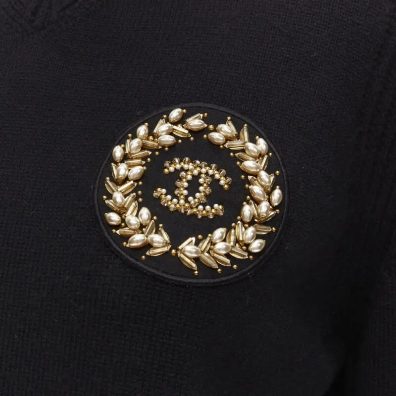 Chanel Embellished Badge Sweater Black Cashmere Never worn - Back View
