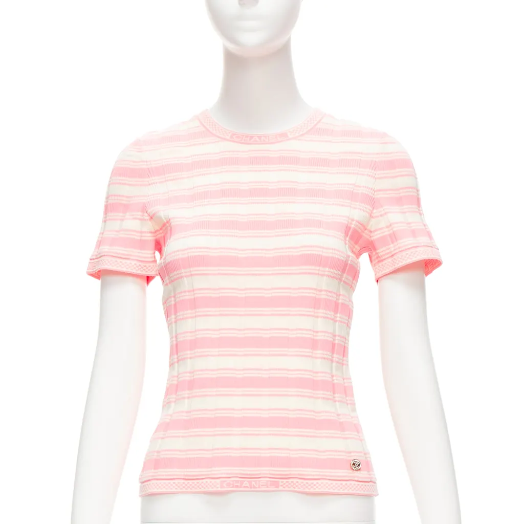 Chanel Stripe Logo Sweater Pink Cotton Very good - Front View
