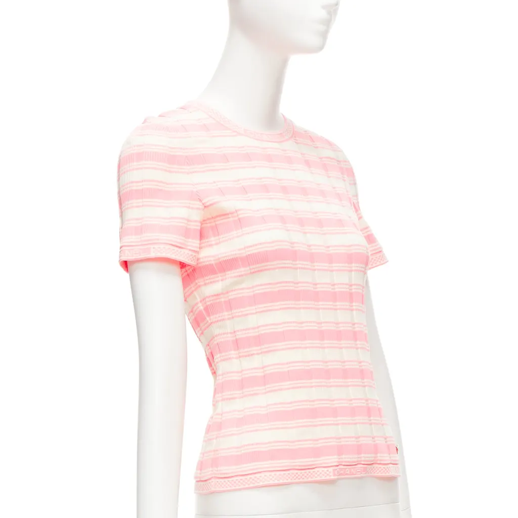 Chanel Stripe Logo Sweater Pink Cotton Very good - Inside View