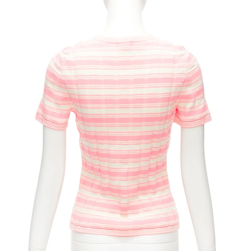 Chanel Stripe Logo Sweater Pink Cotton Very good - Box View