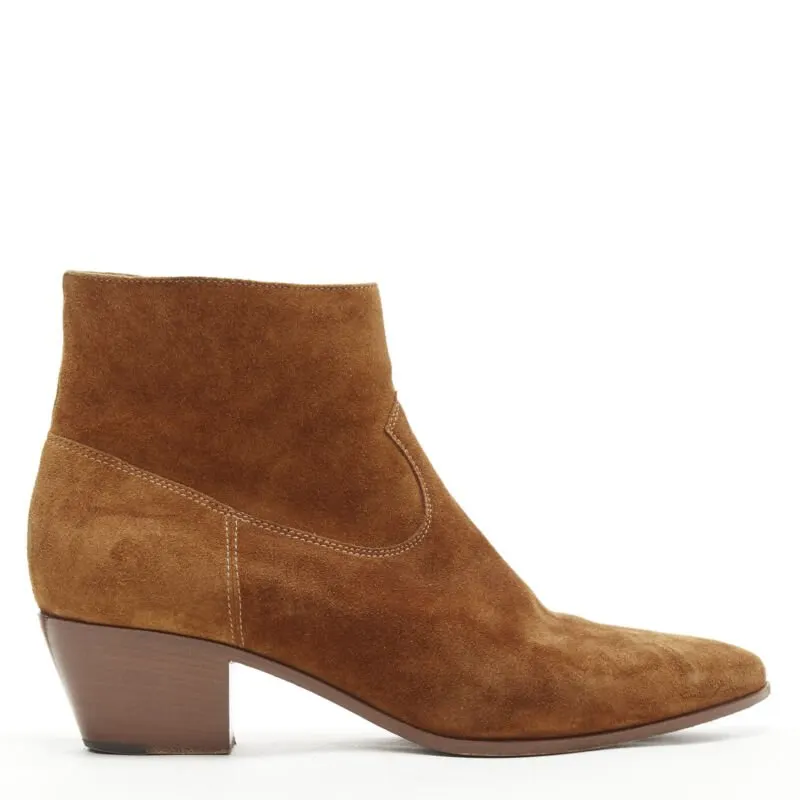 Saint Laurent Almond Toe Cuban Bootie Brown Suede Very good - Front View