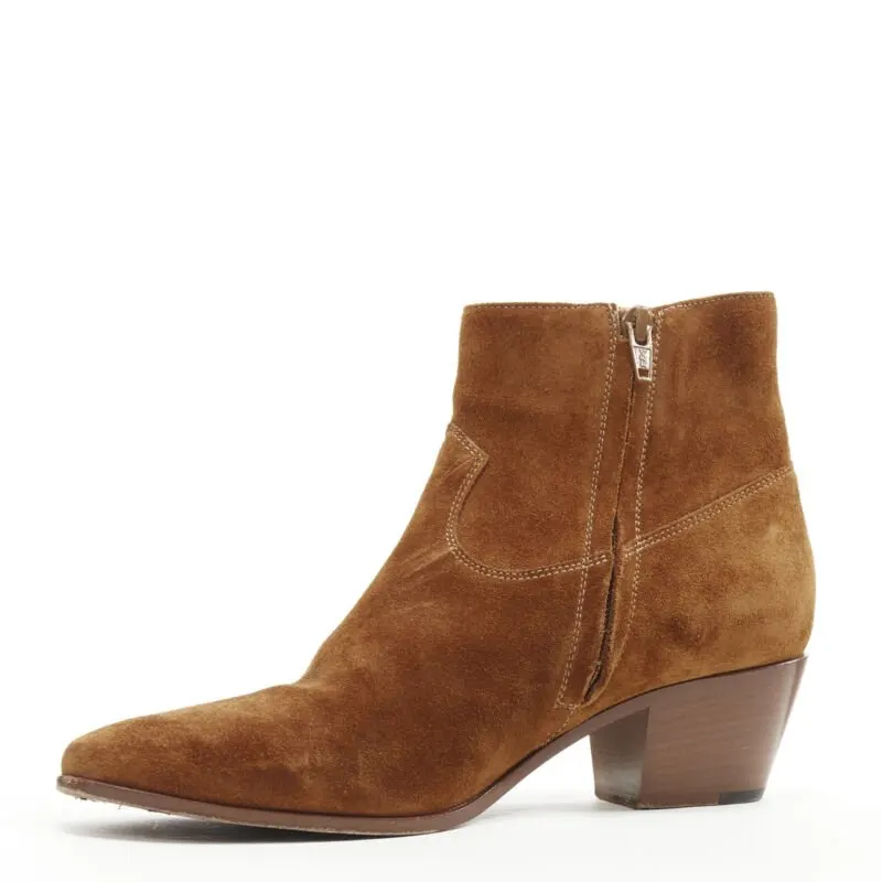 Saint Laurent Almond Toe Cuban Bootie Brown Suede Very good - Model View