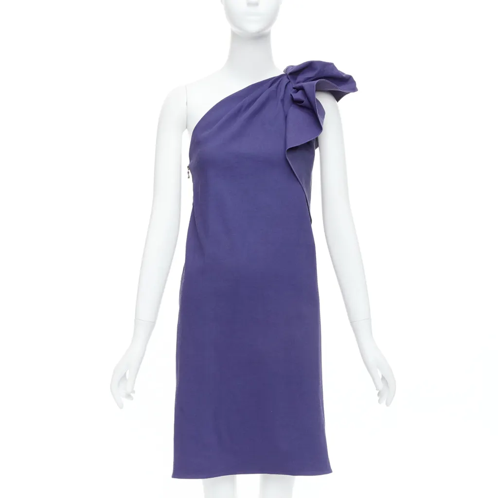 Lanvin One Shoulder Ruffle Dress Purple Linen Never worn, with tag - Front View