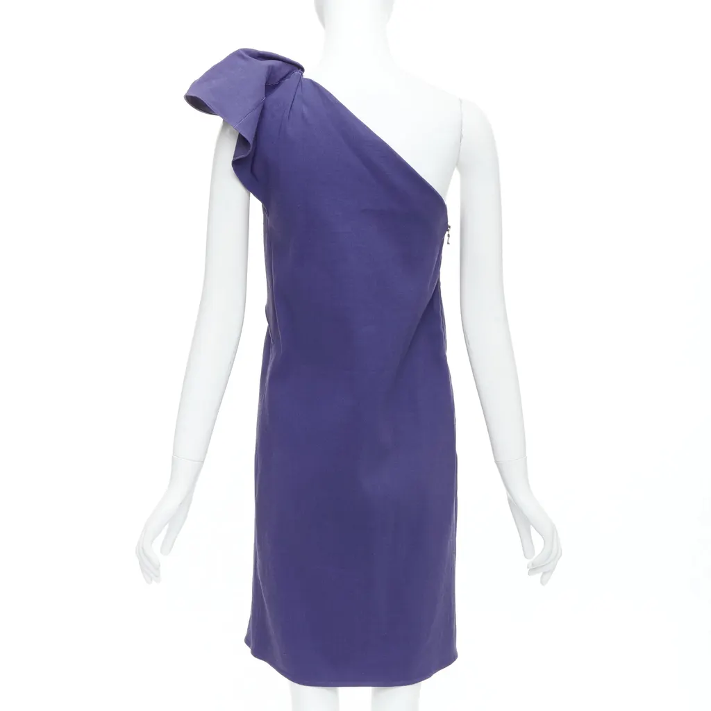 Lanvin One Shoulder Ruffle Dress Purple Linen Never worn, with tag - Box View