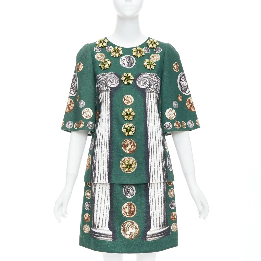 Dolce & Gabbana Roman Coin Skirt Set Green Linen Never worn - Front View