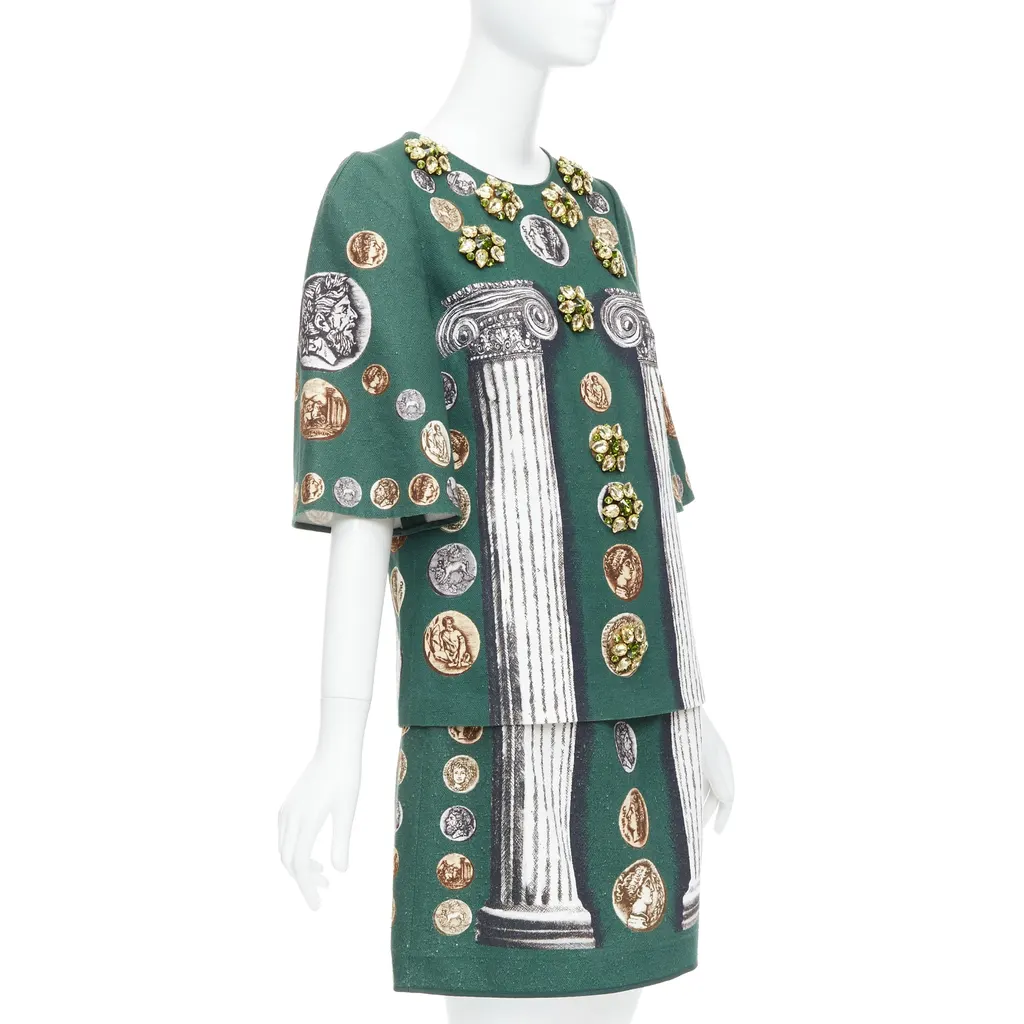 Dolce & Gabbana Roman Coin Skirt Set Green Linen Never worn - Inside View