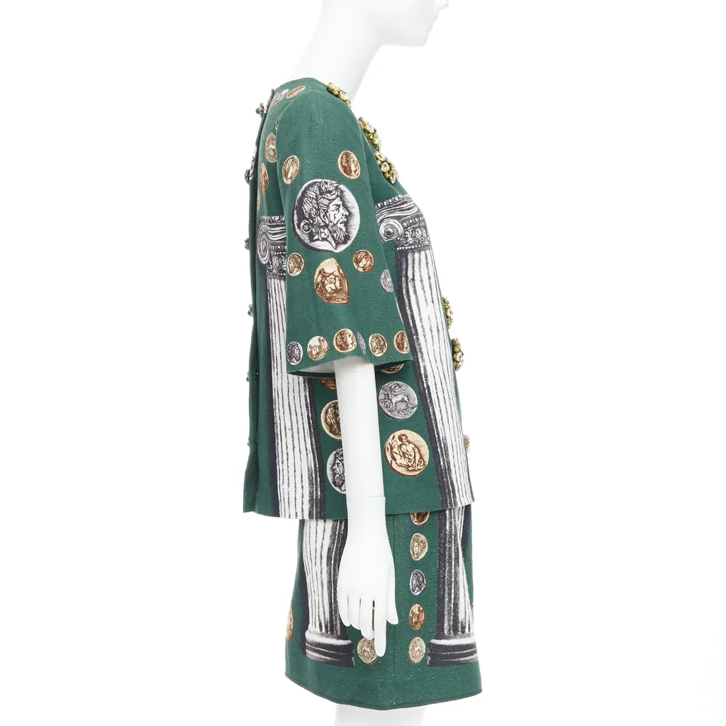 Dolce & Gabbana Roman Coin Skirt Set Green Linen Never worn - Model View