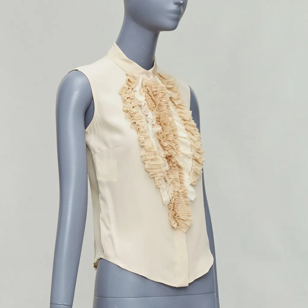 Prada Ruffle Sleeveless Shirt Beige Silk Never worn - Inside View