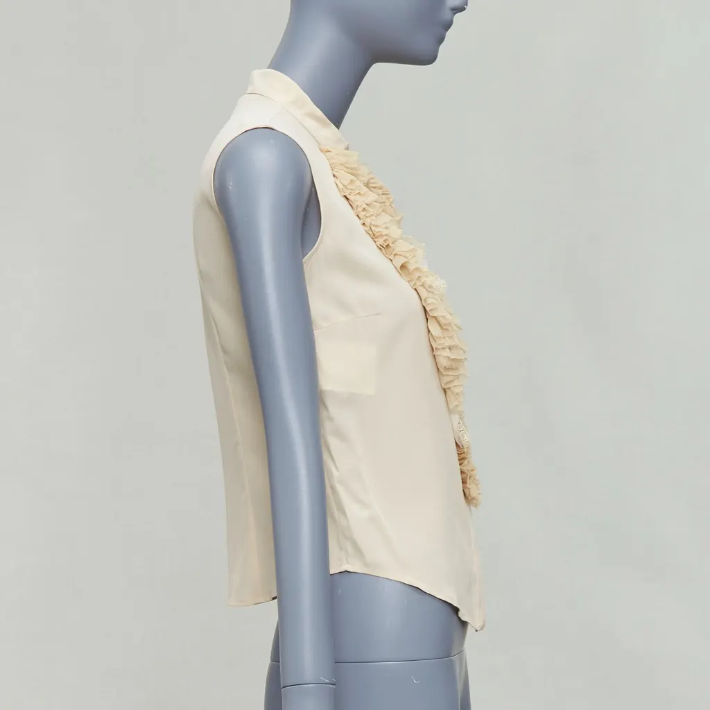 Prada Ruffle Sleeveless Shirt Beige Silk Never worn - Model View