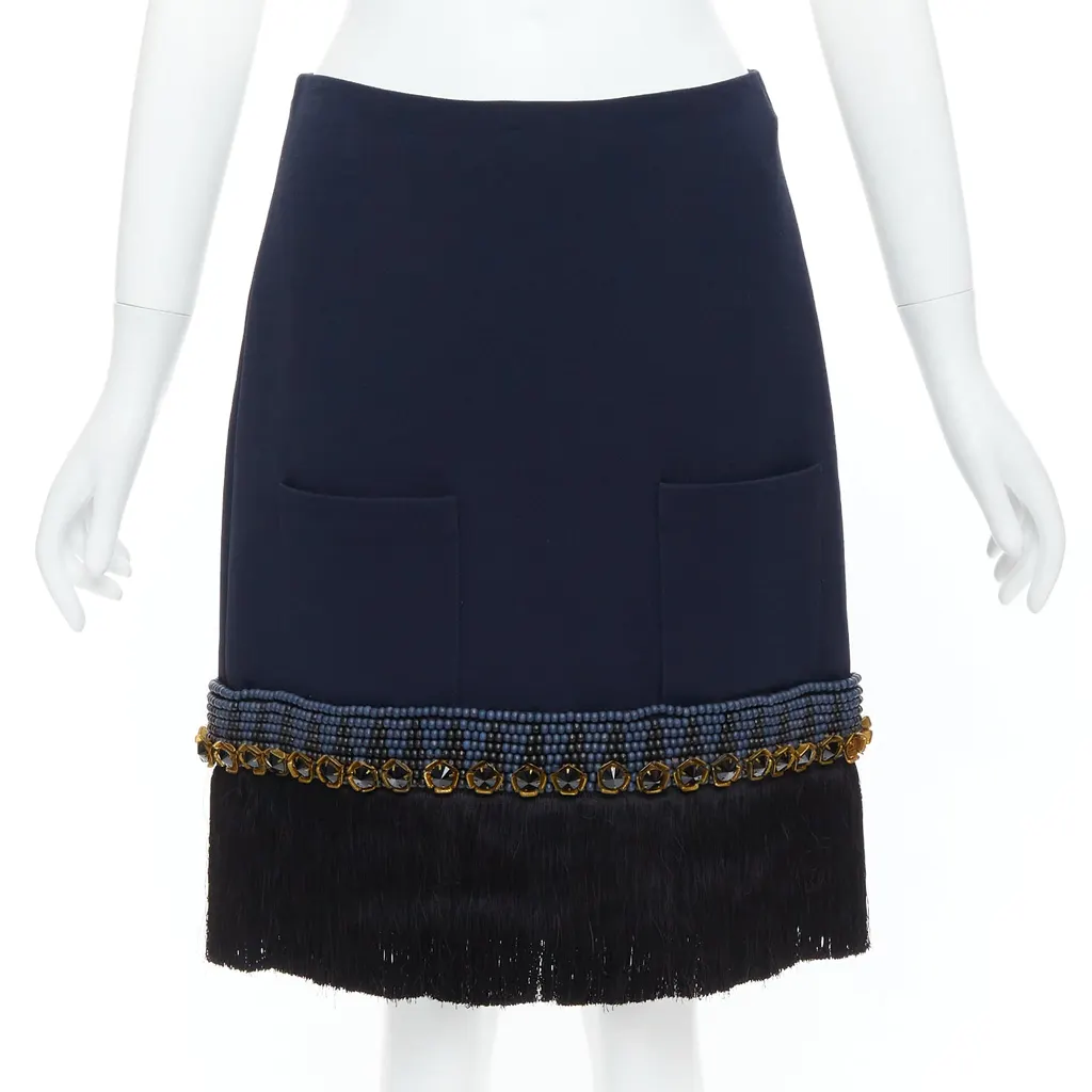 Marni Fringe Hem Skirt Navy Polyamide Very good - Front View