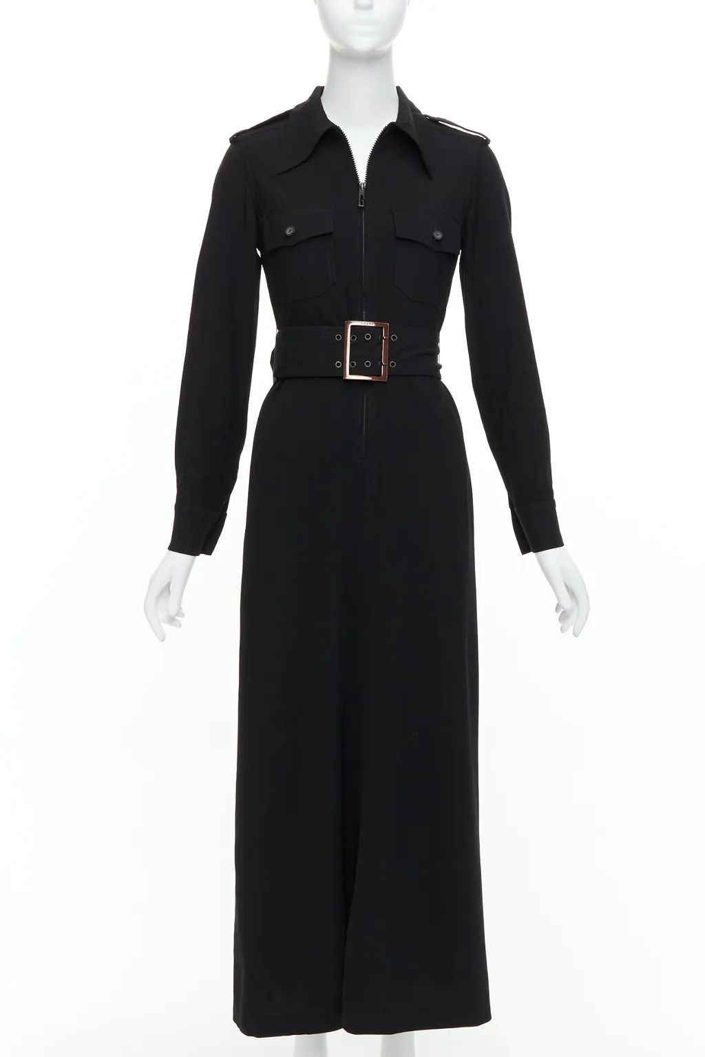 Gucci Military Safari Dress Black Wool Fair - Front View