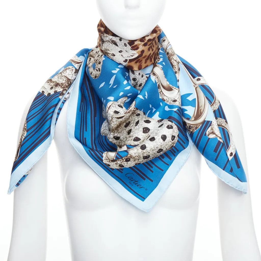 Cartier Leopard Ring Scarf Blue Silk Never worn - Front View