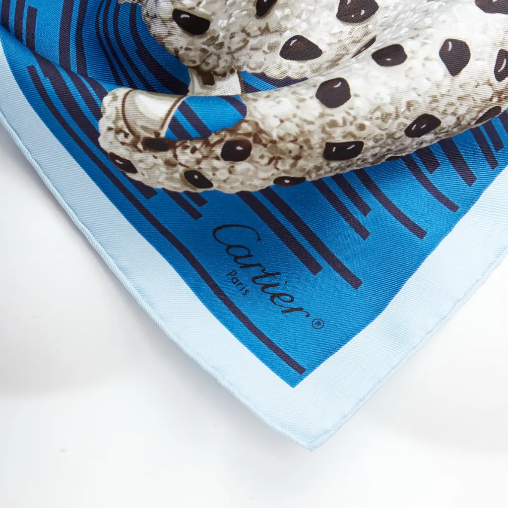 Cartier Leopard Ring Scarf Blue Silk Never worn - Back View