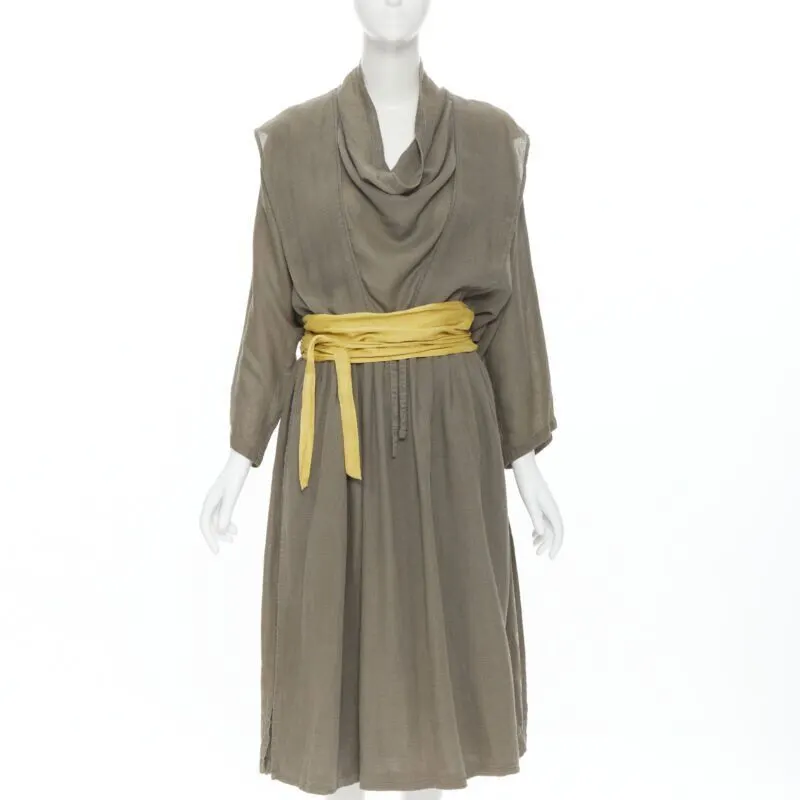 Issey Miyake Obi Belt Dress Beige Linen Never worn - Front View