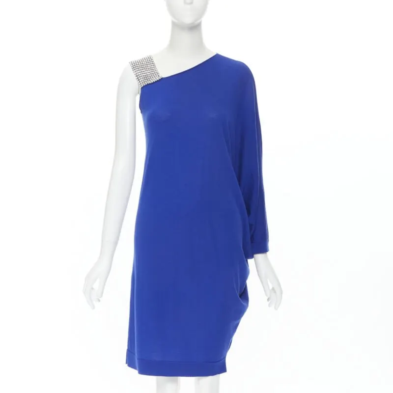 Balmain Crystal Strap Dress Blue Wool Never worn - Front View