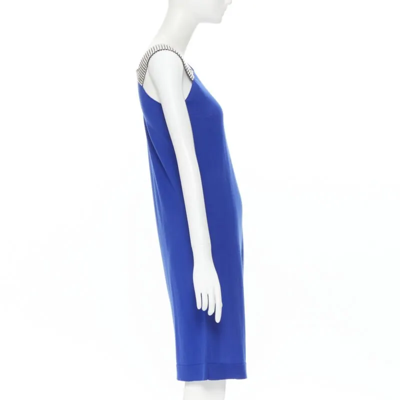 Balmain Crystal Strap Dress Blue Wool Never worn - Model View