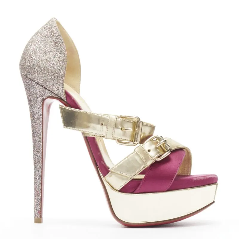 Christian Louboutin Glitter Strap Platforms Gold Leather Good - Front View