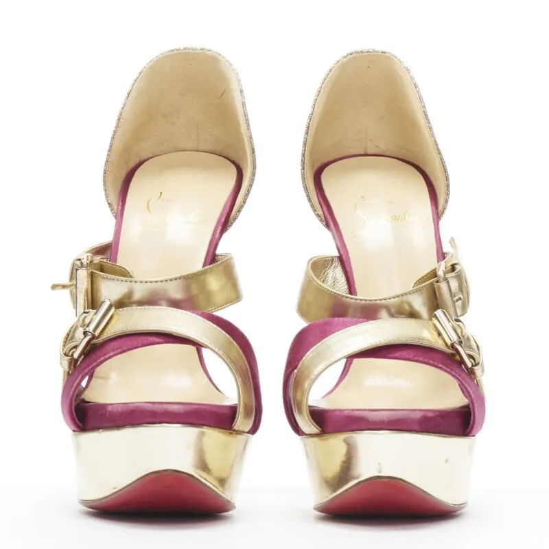 Christian Louboutin Glitter Strap Platforms Gold Leather Good - Inside View
