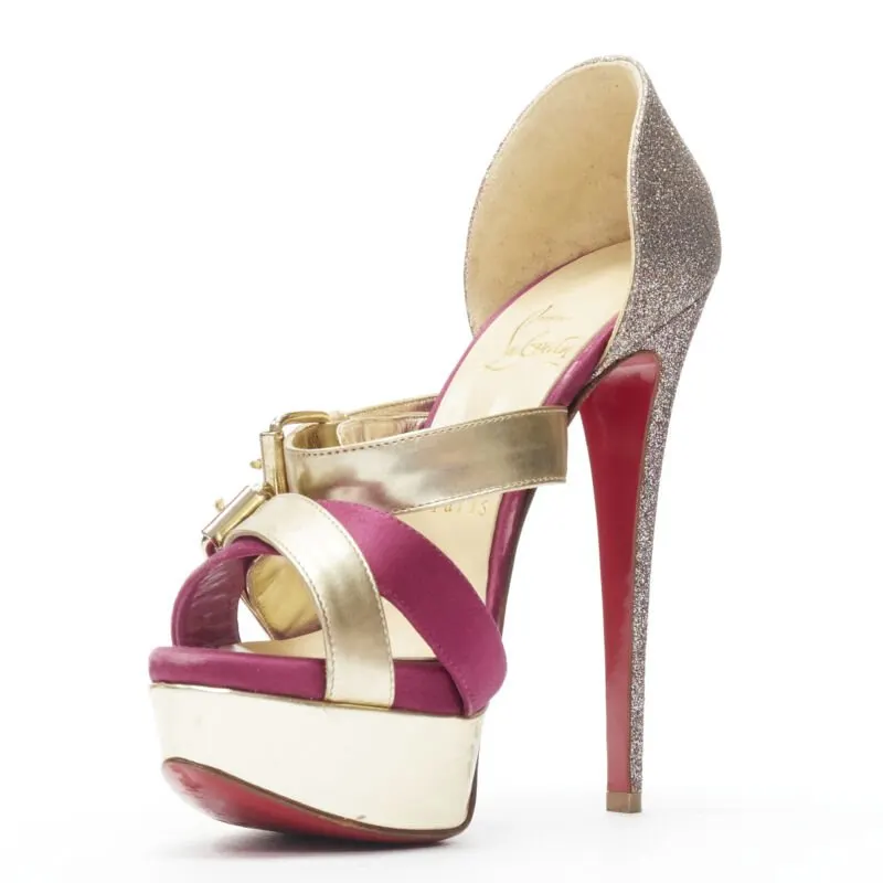 Christian Louboutin Glitter Strap Platforms Gold Leather Good - Model View