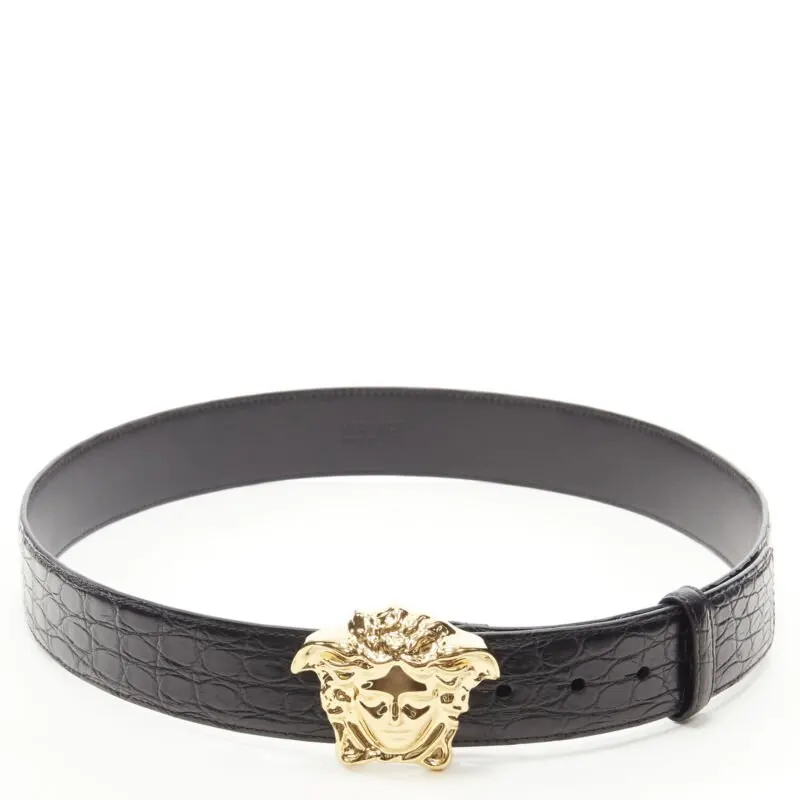 Versace Rhinestone Chain Fabric Belt Black Leather Never worn, with tag - Back View
