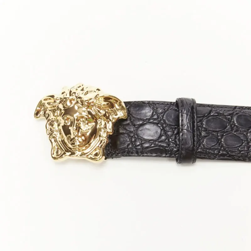 Versace Rhinestone Chain Fabric Belt Black Leather Never worn, with tag - Model View