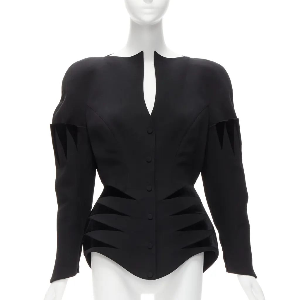 Thierry Mugler Velvet Peplum Jacket Black Wool Never worn - Front View