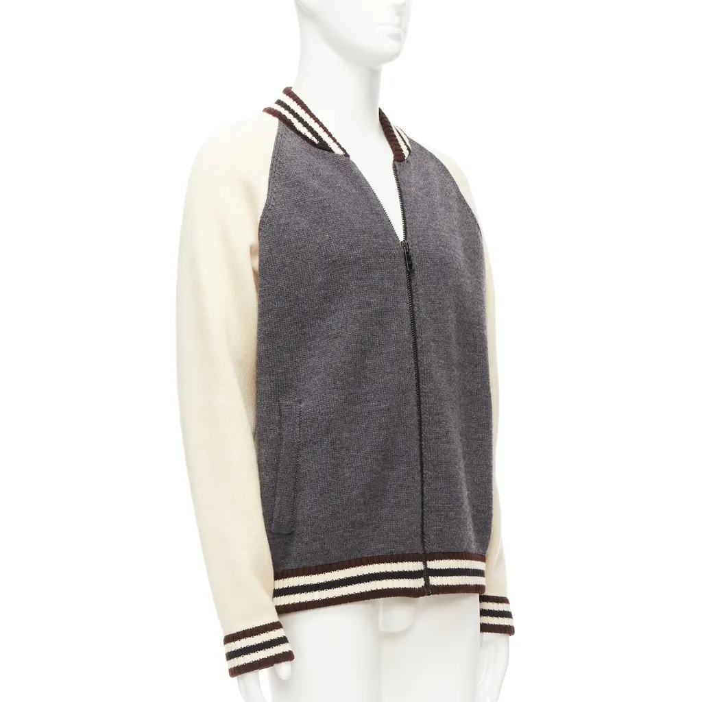 Prada Varsity Bomber Jacket Grey Wool Never worn - Model View