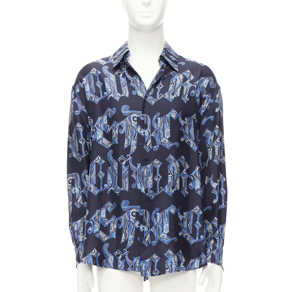 Gianni Versace Gothic Logo Shirt Blue Silk Good - Front View