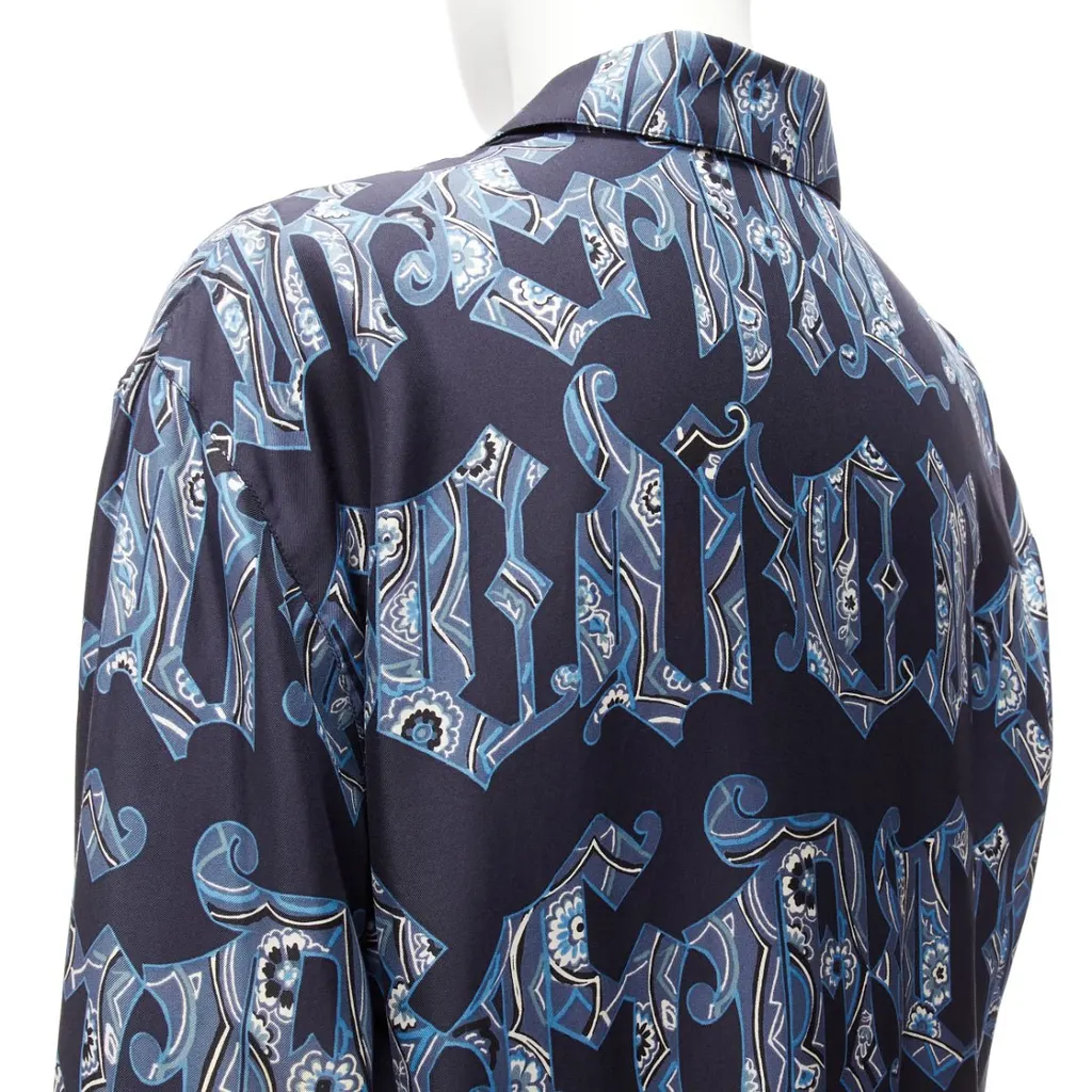Gianni Versace Gothic Logo Shirt Blue Silk Good - Back View