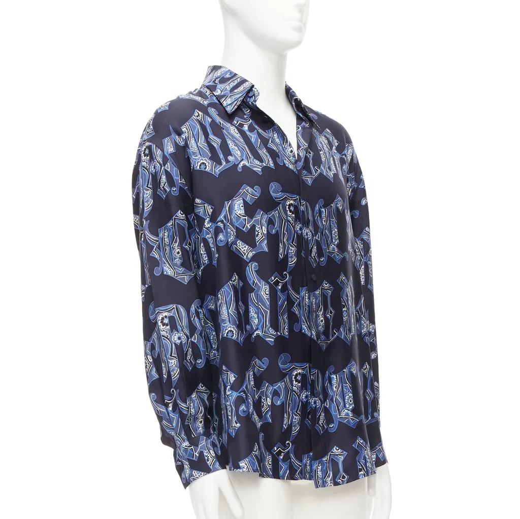 Gianni Versace Gothic Logo Shirt Blue Silk Good - Inside View