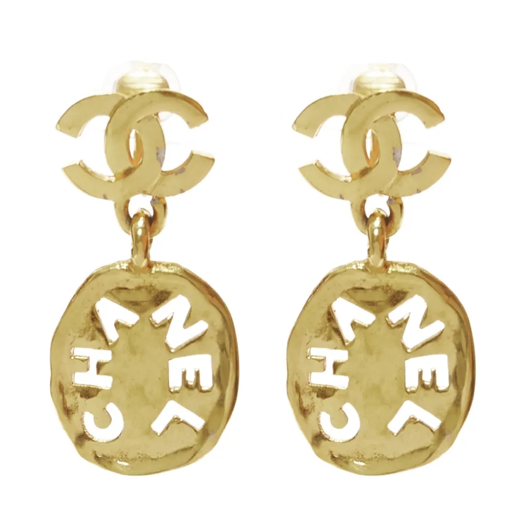 Chanel Chain Resin Earrings Gold Metal Good - Front View