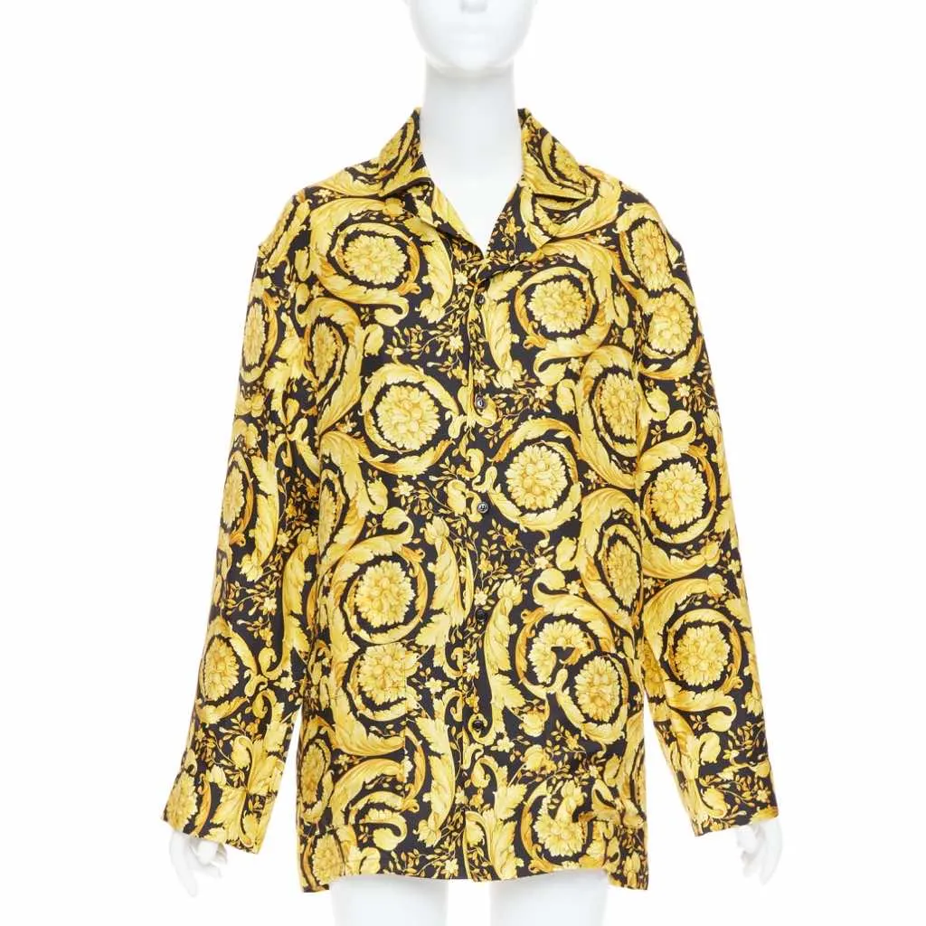 Versace Baroque Pajama Shirt Black Silk Never worn, with tag - Front View
