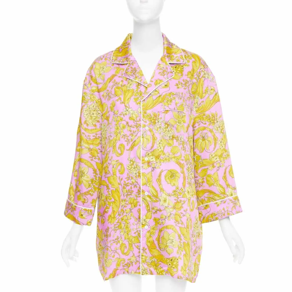 Versace Baroque Pajama Shirt Pink Silk Never worn, with tag - Front View