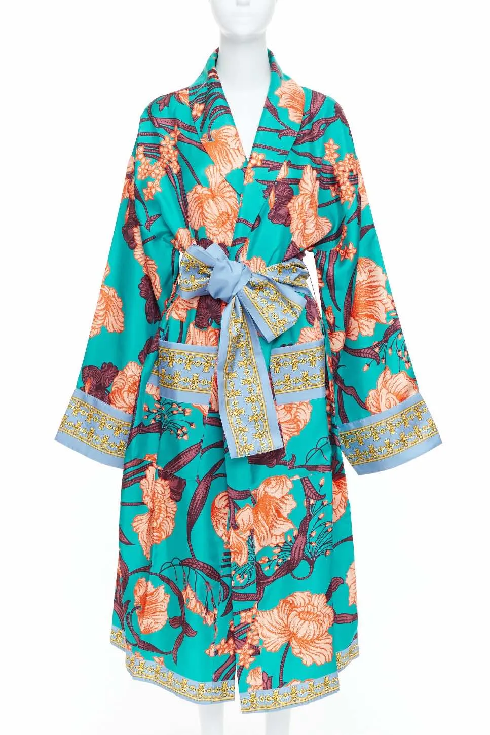 Versace Green Floral Robe Green Silk Never worn, with tag - Front View