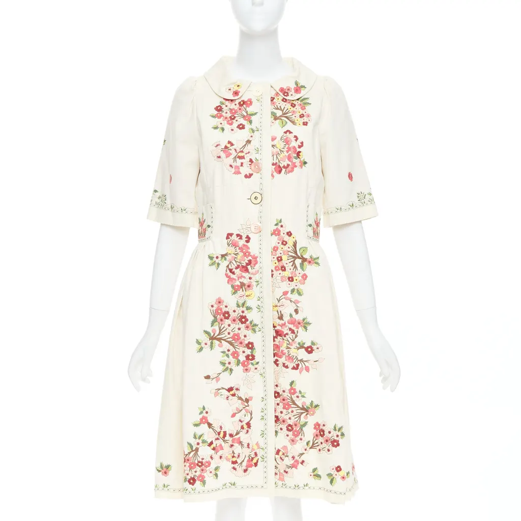 Kenzo Floral Coat Dress Beige Cotton Good - Front View