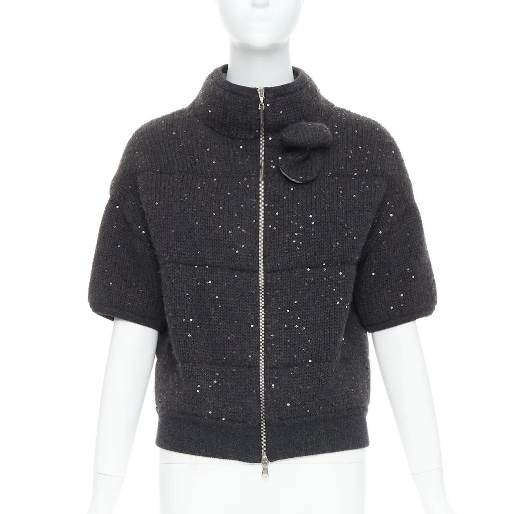 Brunello Cucinelli Sequin Padded Cardigan Grey Cashmere Very good - Front View