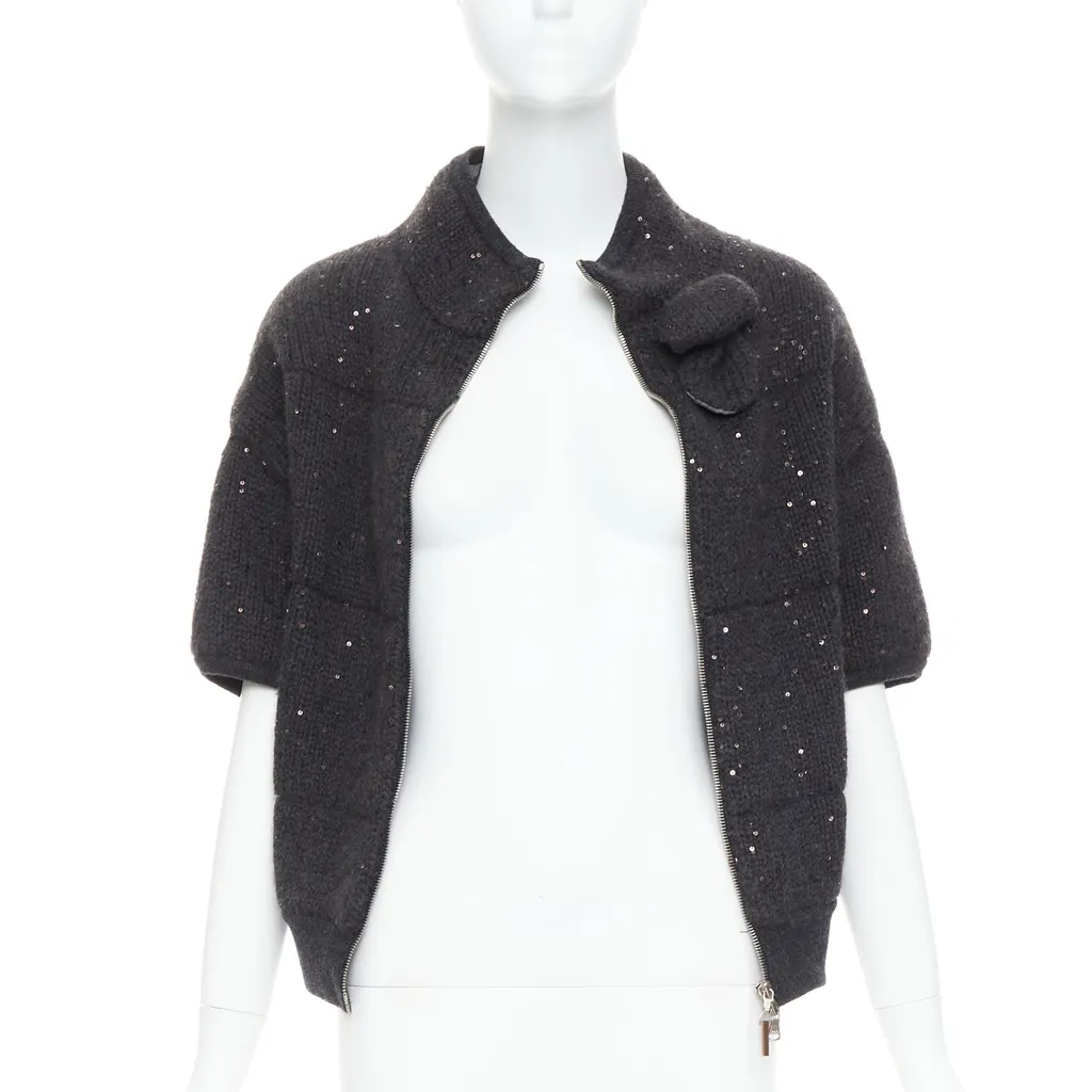 Brunello Cucinelli Sequin Padded Cardigan Grey Cashmere Very good - Inside View